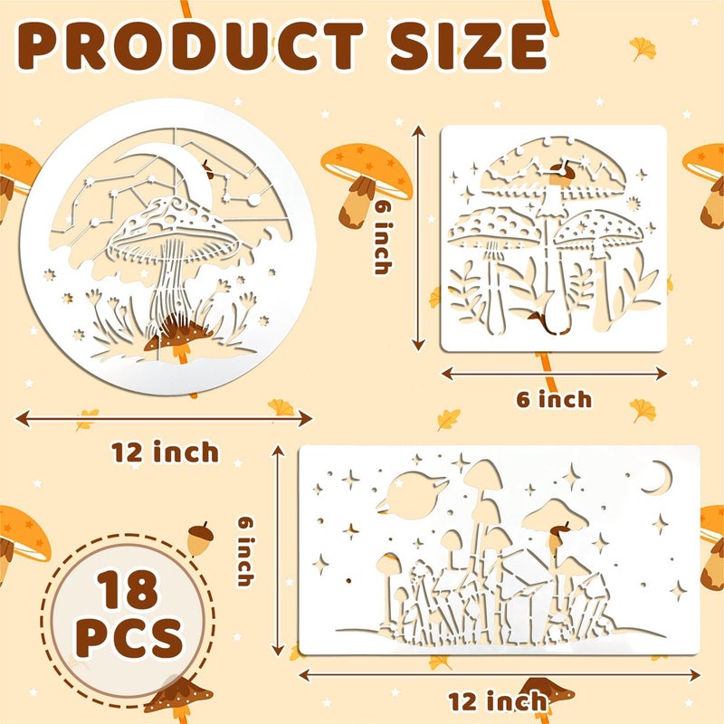 Resflyar 18 PCS Mushroom Stencils Large Reusable Crescent Moon Phase Drawing Template Bohemian Art Stencils for Painting on Wood Wall Tile Fabric Canvas Scrapbook Home Decor DIY Craft Projects - Image 2